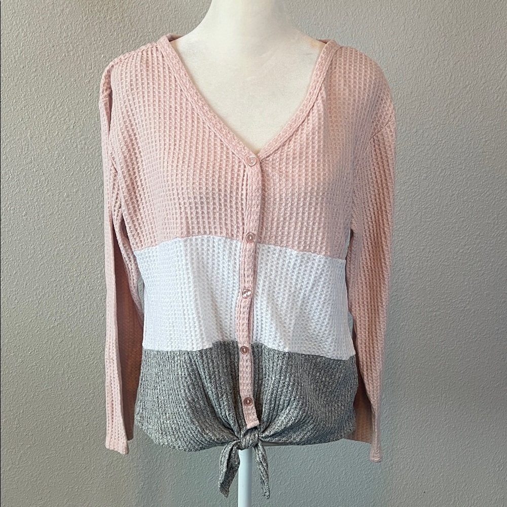 No Boundaries Waffle Knit Tie Front Colorblock Cardigan Juniors Size Large